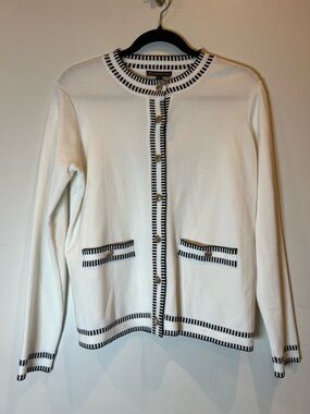 Adrianna Papell NWT Ivory Crew Neck Stripe-Trim Gold Button Cardigan Sweater S